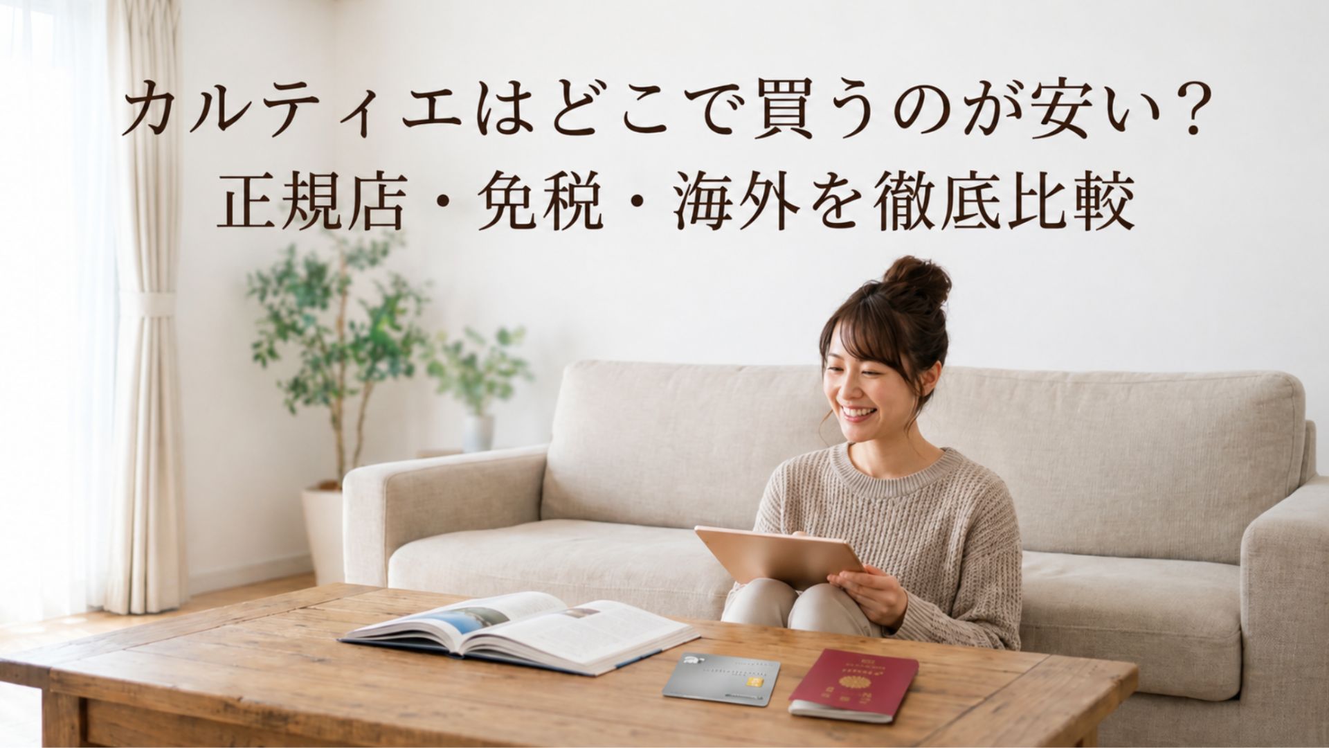 タブレットで購入先を調べる女性と、カードや旅行書類が置かれたテーブル
