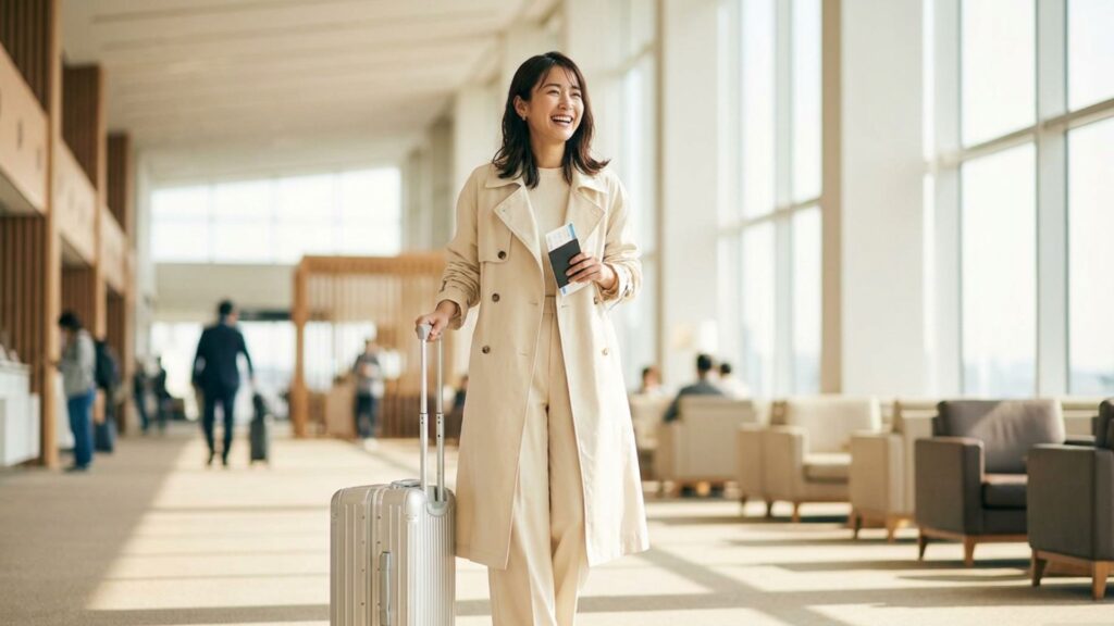 空港ターミナルでパスポートと搭乗券を手にスーツケースを引く女性