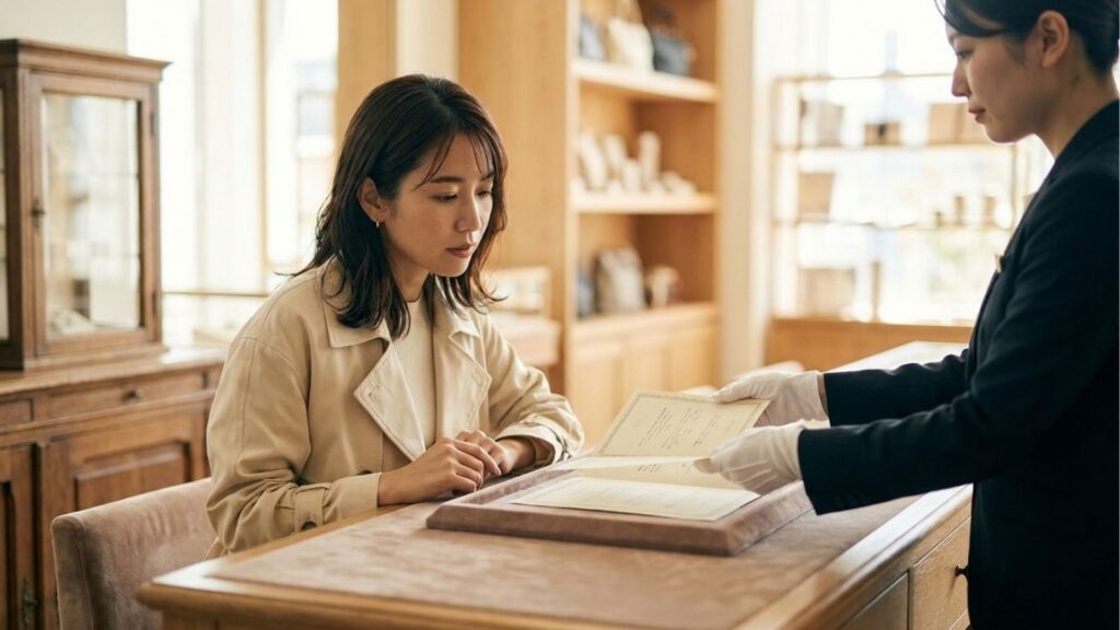 ショップのカウンターでスタッフから購入に関する書類の説明を受ける女性