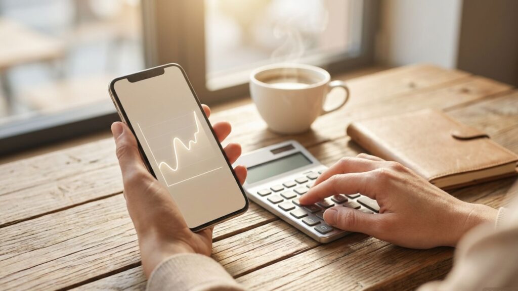 スマートフォンの変動グラフを見ながら電卓で金額を計算する手元