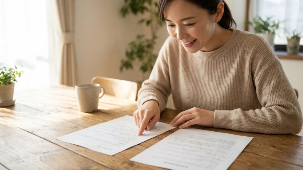 自宅のテーブルで複数の書類を見比べながら購入条件を確認する女性