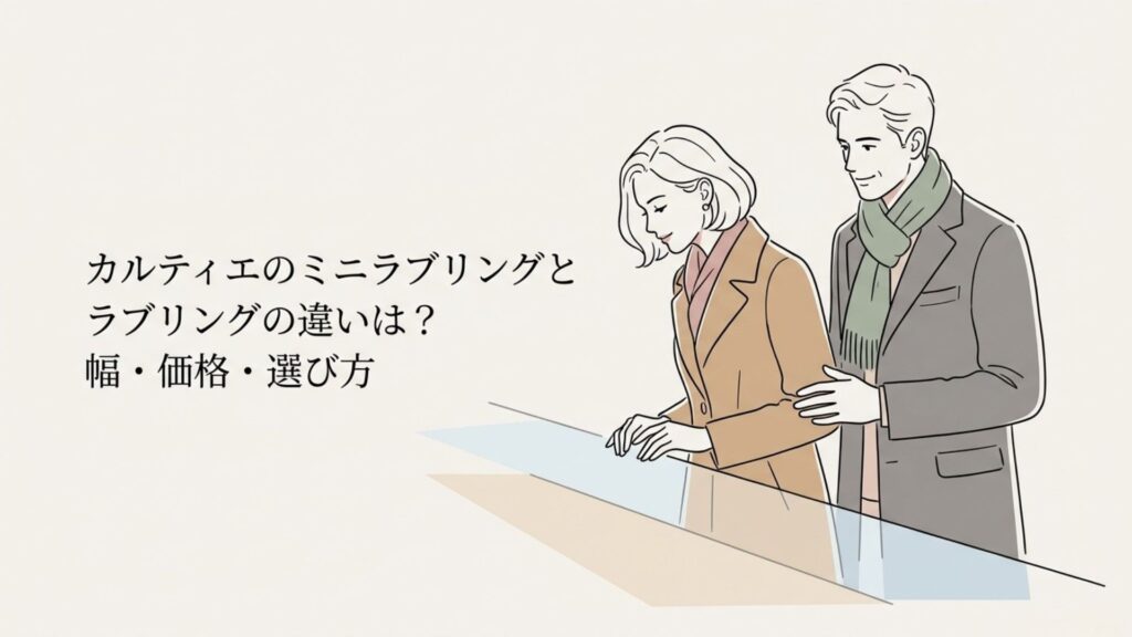 ジュエリーショップでリングを選ぶ男女とカルティエのミニラブリングとラブリングの違いを示すタイトル