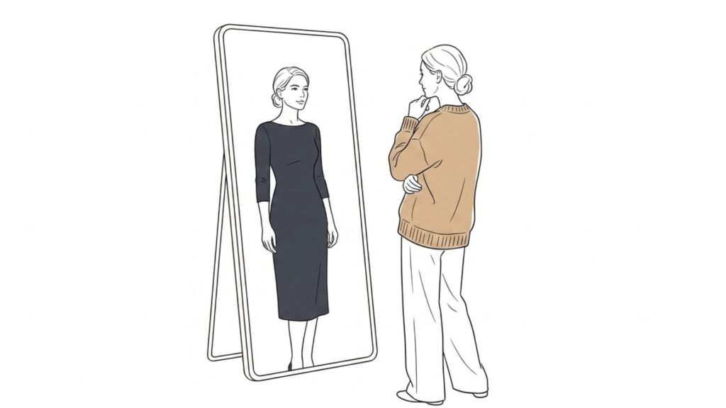 鏡の前で自分に合うジュエリーと服装のバランスを確認する女性