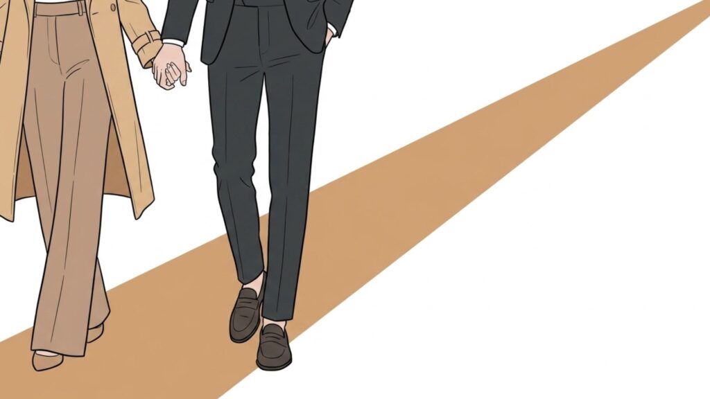 手を取り合って歩く男女で結婚指輪選びをイメージしたイラスト
