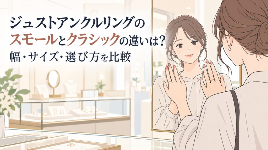 ジュエリーショップの鏡の前で手元のリングを見比べる女性と、スモールとクラシックの違いを示す記事タイトル