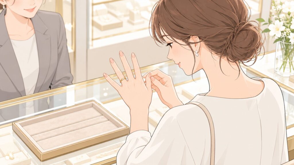 鏡の前で服装と手元のリングのバランスを確認する女性