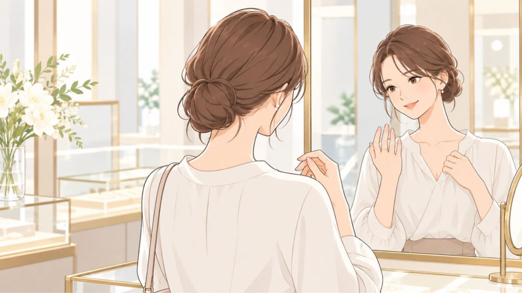 ジュエリーショップでリングを試着し、指への着け心地を確認する女性