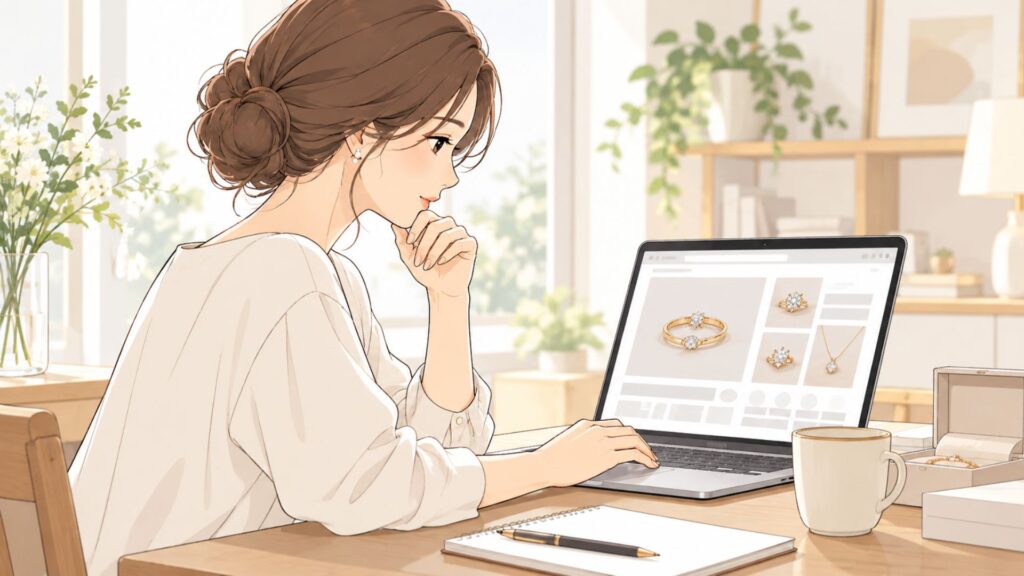 自宅のパソコンでジュエリーの商品情報を確認しながら購入を検討する女性