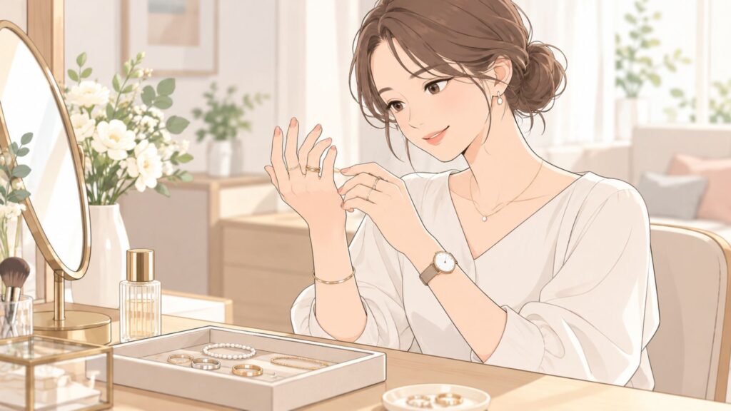 自宅のドレッサーで時計や複数のリングを合わせながら手元の組み合わせを確認する女性