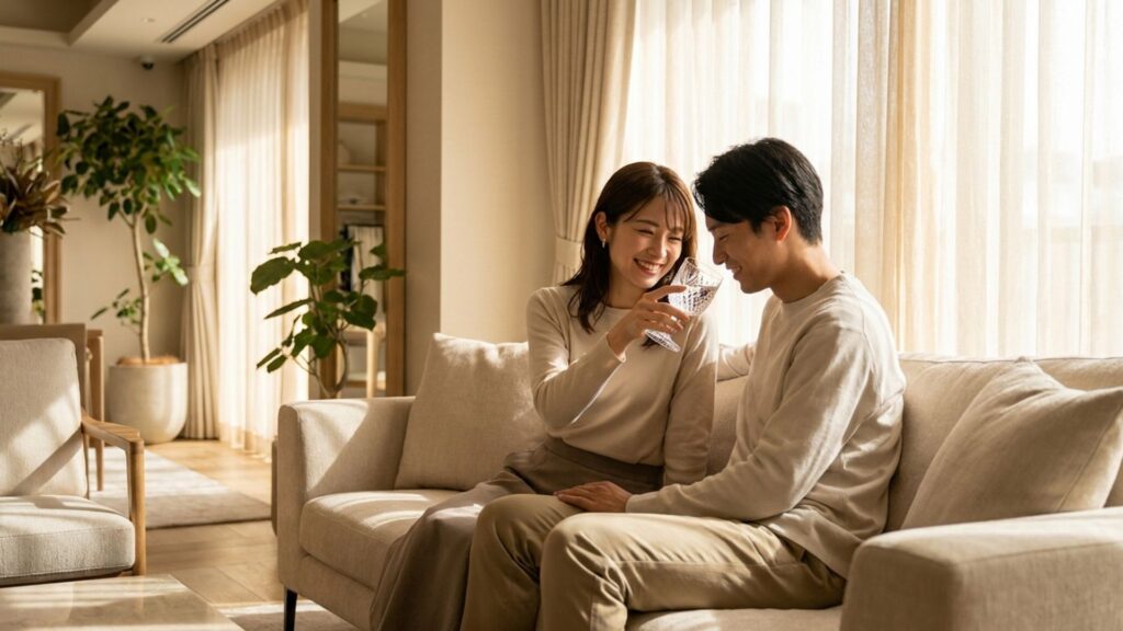 自宅のソファでくつろぎながら笑顔で過ごす婚約・結婚を控えたカップル