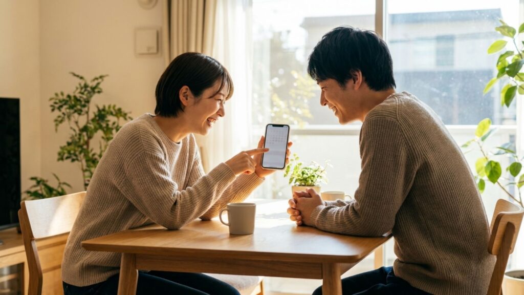 スマートフォンのカレンダーを見ながらブライダルフェアの来店日を相談するカップル
