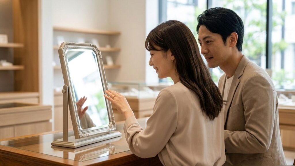 ジュエリーショップの鏡の前で手元を確認しながらリングを選ぶカップル