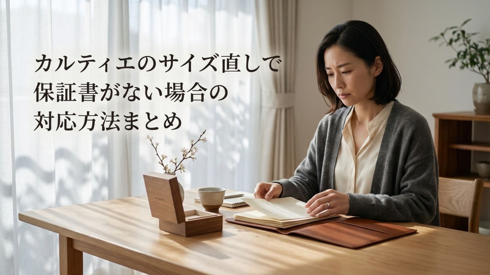 書類を確認しながらリングの保証書について考える女性