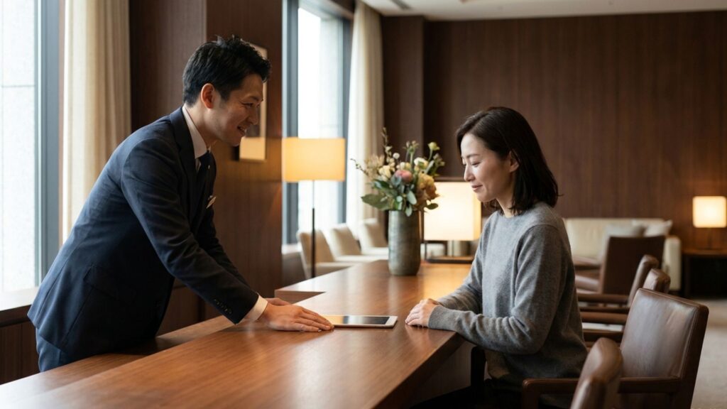 ジュエリーのサイズ直しについて店舗スタッフに相談する女性