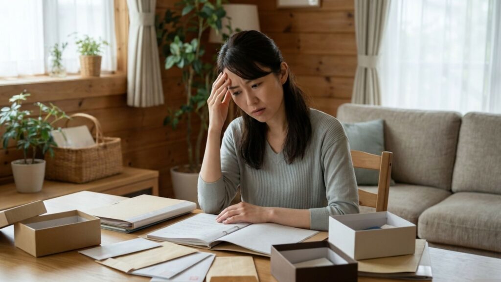 箱や書類を広げてリングの購入資料を探す女性