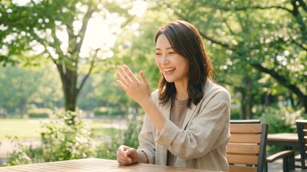 手元のリングを確認して笑顔を見せる女性