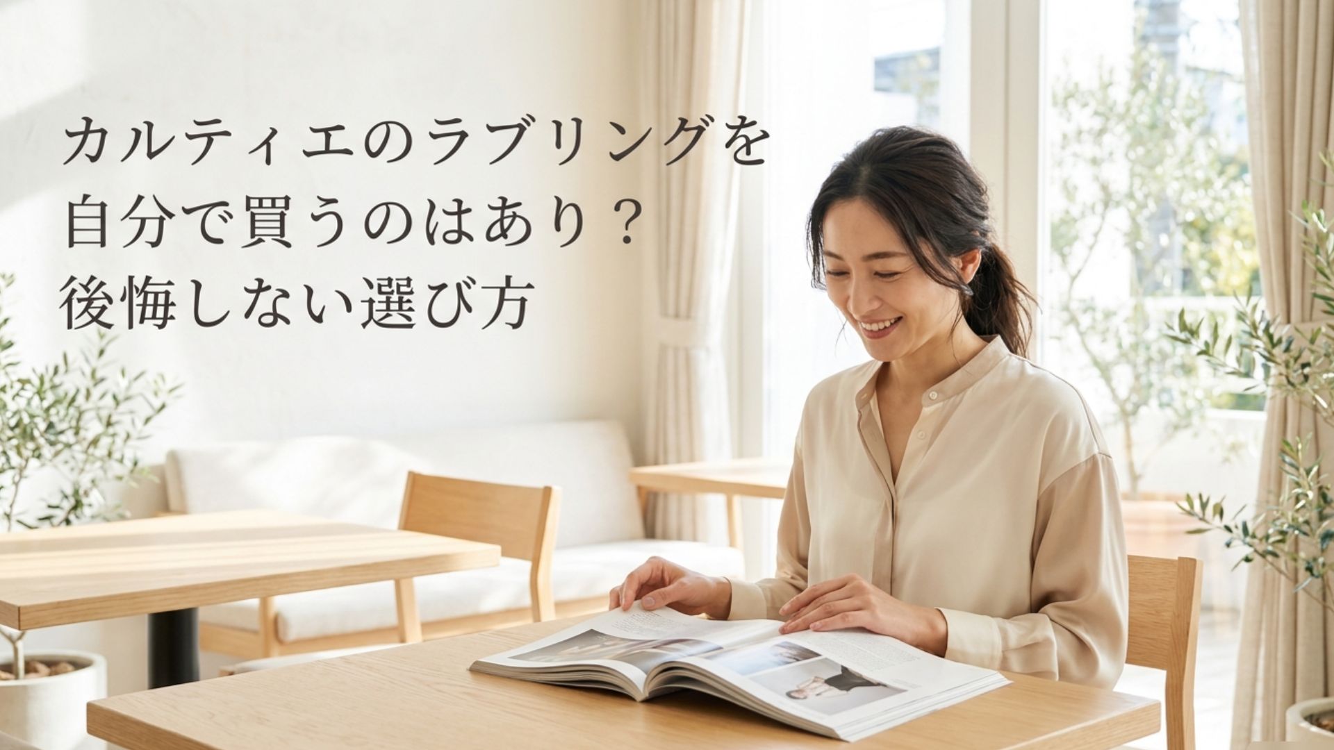 明るい室内で雑誌を見ながら自分のためのジュエリー選びを考える女性