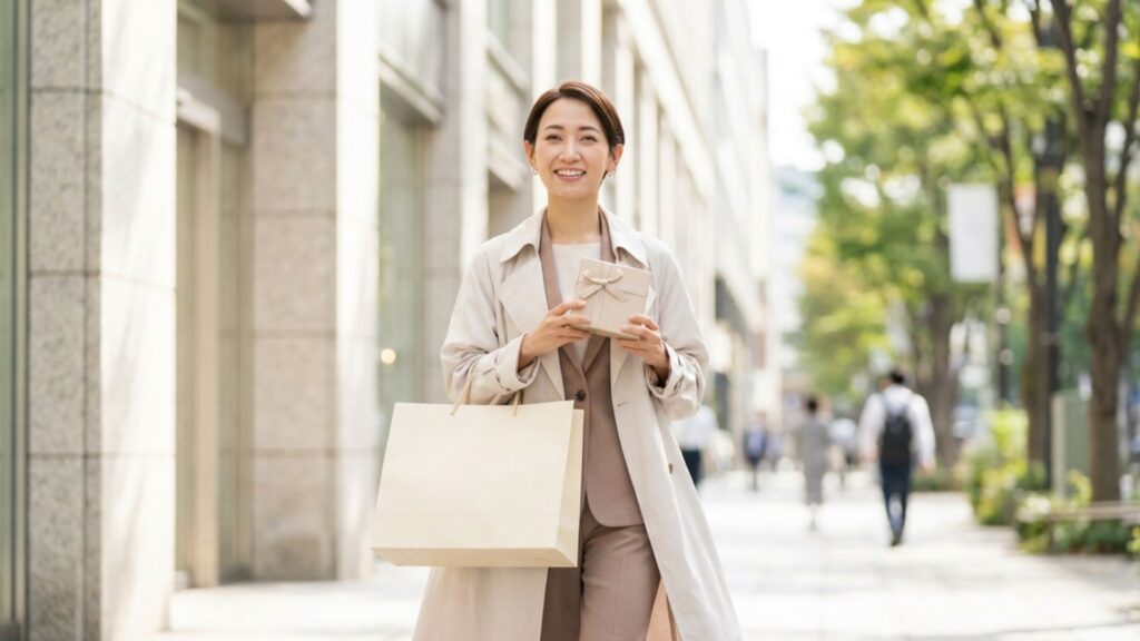 買い物袋とギフトボックスを持ち、自分へのご褒美の買い物を楽しむ女性