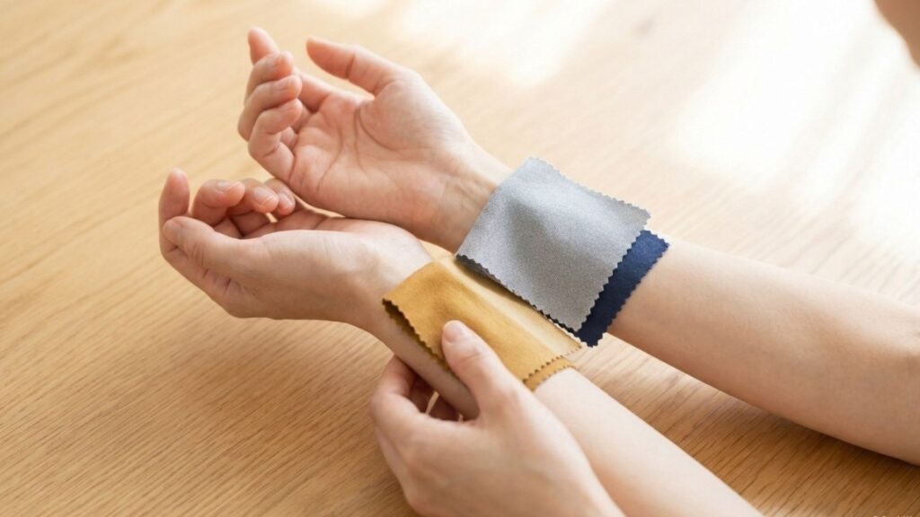 手元に複数の色味の布を当て、普段の装いとの色の相性を比較している場面