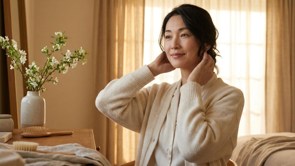 鏡の前で顔まわりのバランスを確認する大人の女性