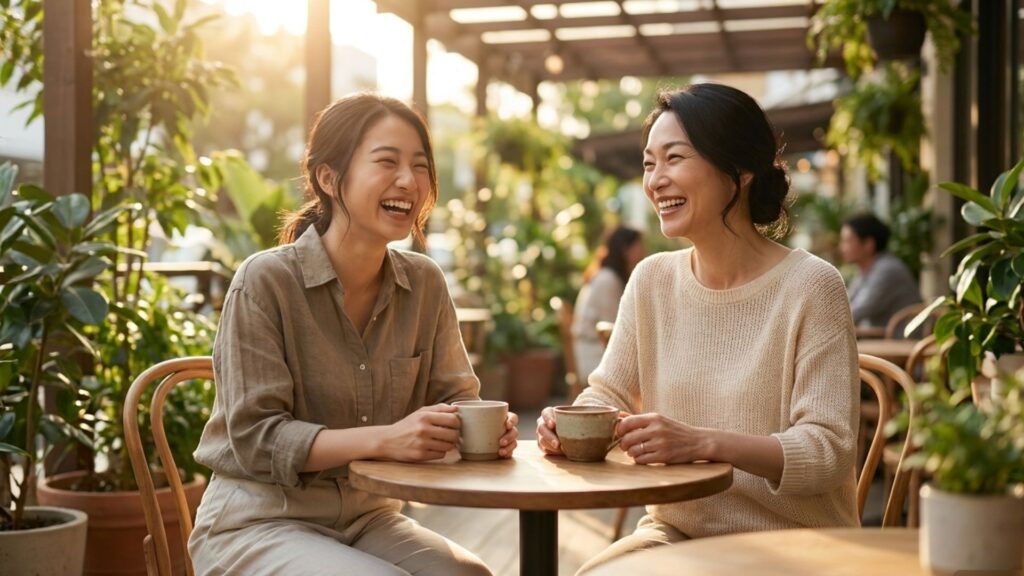 カフェで会話を楽しむ年代の異なる2人の女性