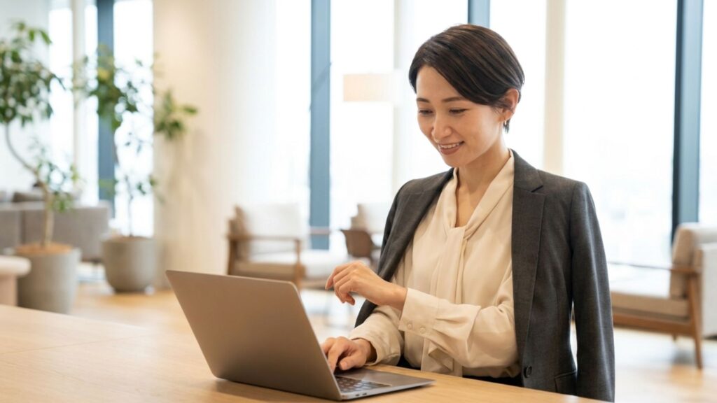 明るいオフィスでノートパソコンを操作する30代ほどの女性