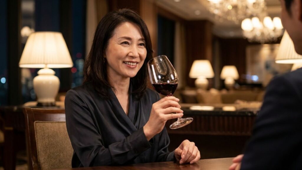 落ち着いたレストランで食事の時間を楽しむ50代ほどの女性