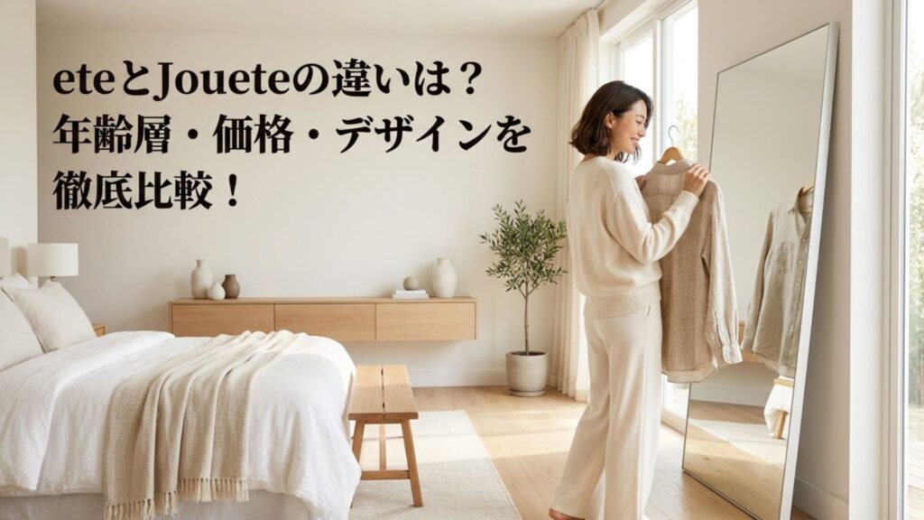 鏡の前で服装を選ぶ女性と「eteとJoueteの違いは?年齢層・価格・デザインを徹底比較!」のタイトル