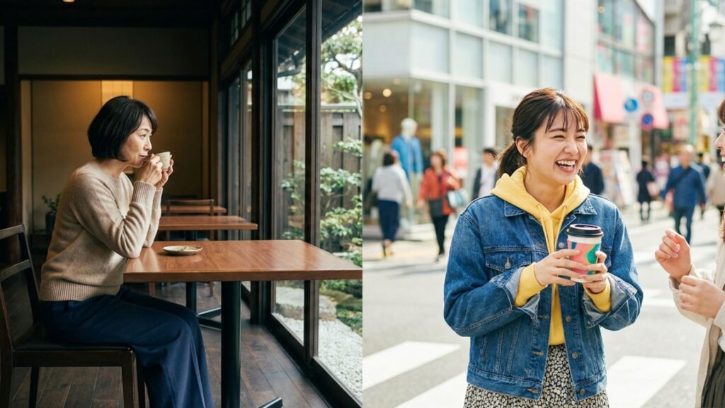 落ち着いた装いとカジュアルな装いの女性を対比したイメージ