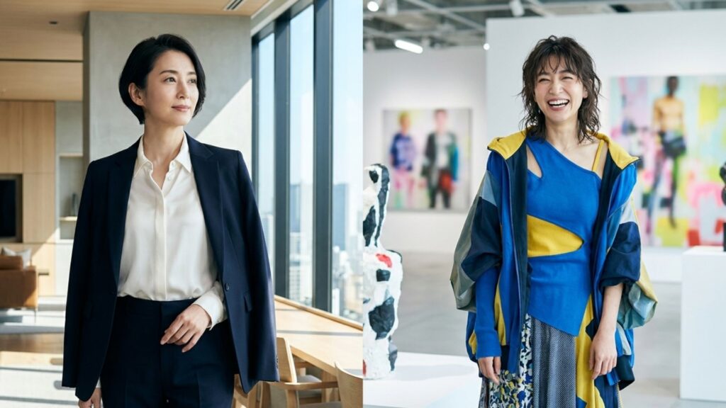 シンプルな装いと個性的でカラフルな装いの女性を比較したイメージ