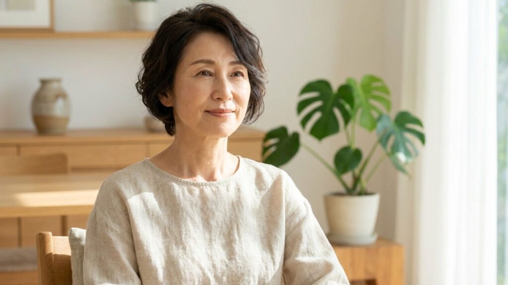 自然体でシンプルな装いを楽しむ女性