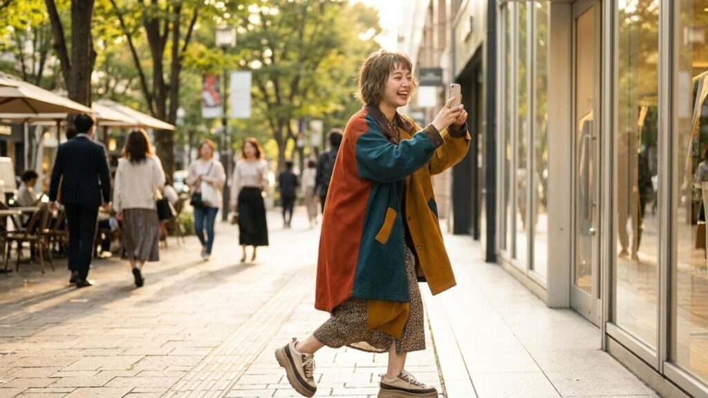カラフルなファッションで街歩きを楽しむ女性
