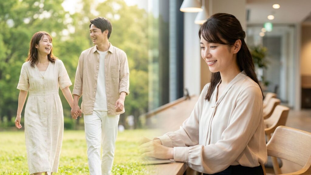 手をつないで歩くカップルと一人で過ごす女性を対比した場面