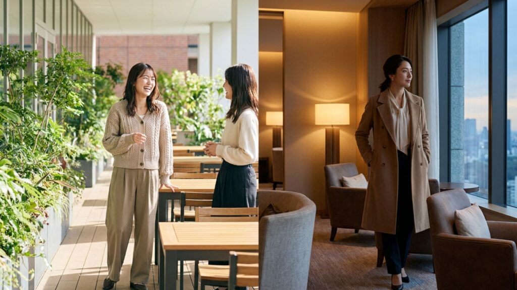 明るいカジュアルな場面と落ち着いた上品な場面を左右に対比したイメージ