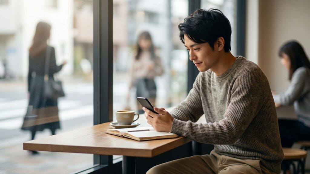 カフェでスマートフォンを見ながら選択肢を比較する男性