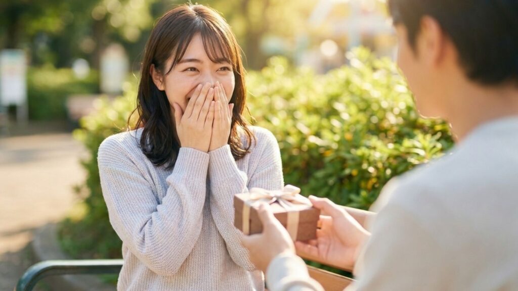 屋外でギフトボックスを受け取り喜ぶ女性
