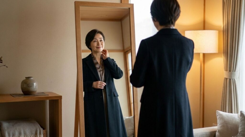 落ち着いた服装の女性が鏡を見ながら自分の装いを確認する様子