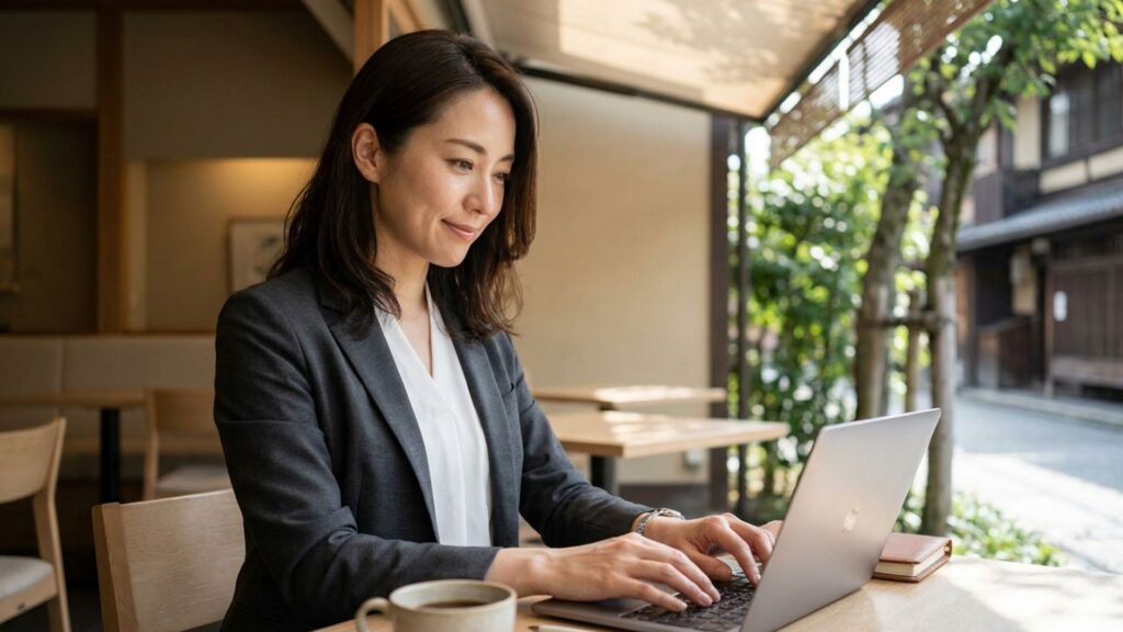 カフェでノートPCを使って仕事をするジャケット姿の女性