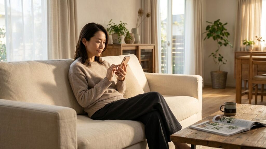自宅のソファでスマートフォンを見ながらジュエリー選びをする女性