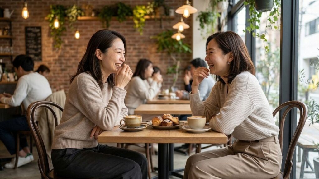 カフェで会話を楽しむ落ち着いた雰囲気の大人の女性2人