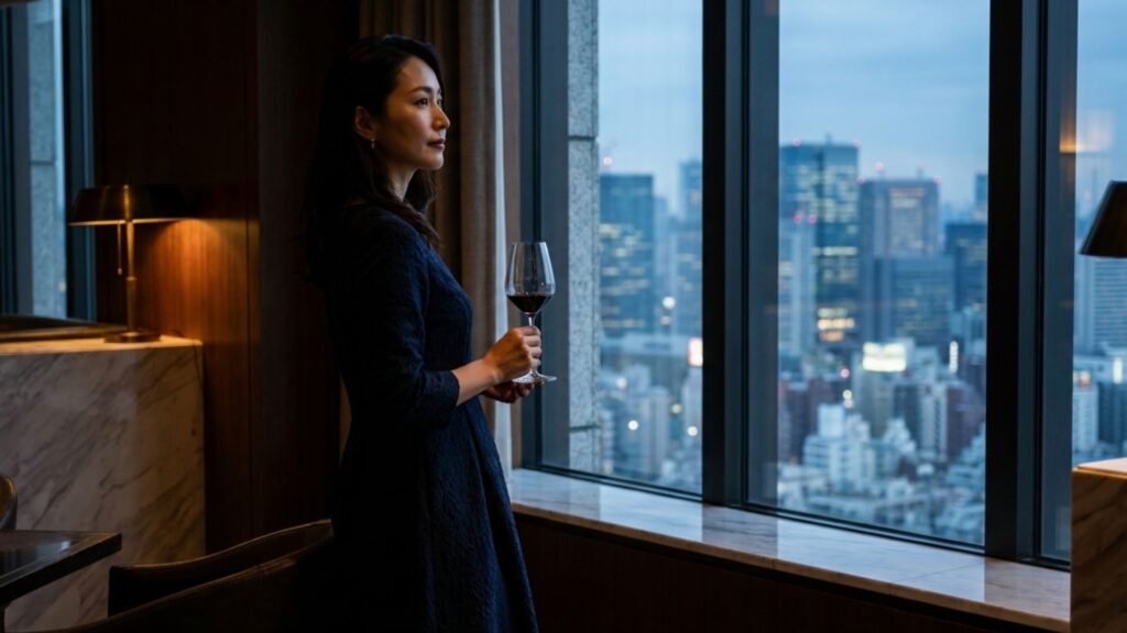 夜景の見える落ち着いた空間でグラスを手にする上品な装いの女性