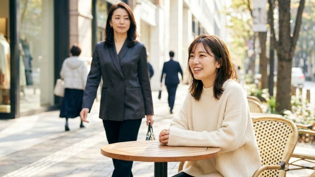 街中のカフェでくつろぐ女性とジャケット姿で歩く女性