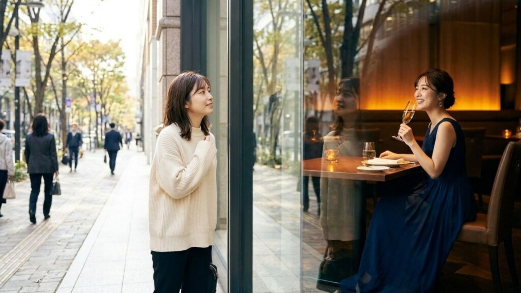 街中でガラス越しに上品なドレス姿の女性を見つめるカジュアルな服装の女性