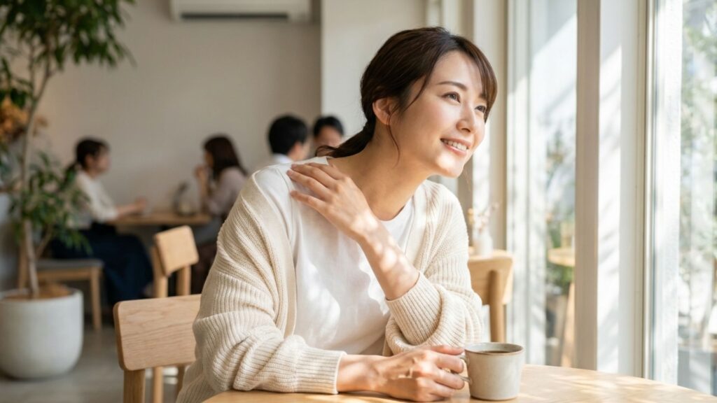明るいカフェで首元を意識しながら過ごすカジュアルな服装の女性