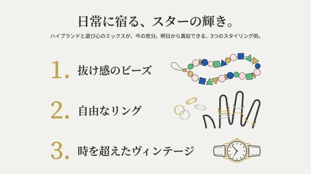 ポップなビーズアクセサリーのイラストと、リングの重ね付けやヴィンテージ活用のポイント解説