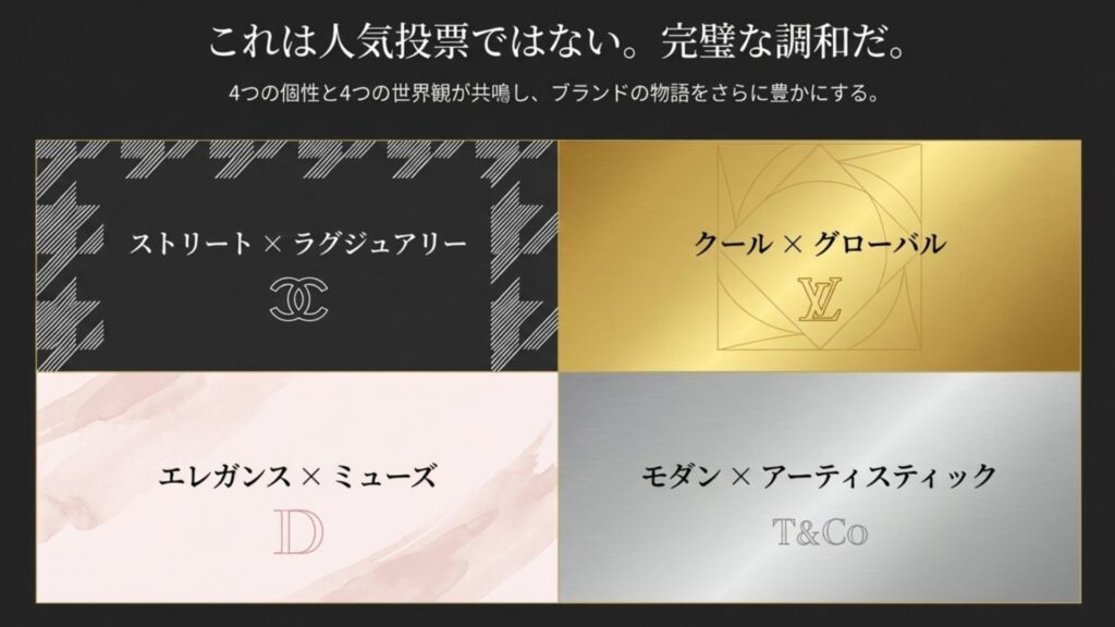 4人の個性(ストリート、クール、エレガンス、モダン)とそれぞれのブランドイメージを表すキーワード図解