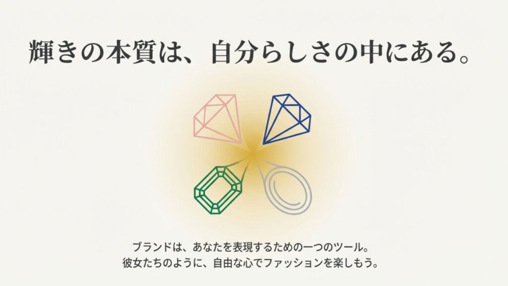 4種類の異なる宝石のラインアートと「輝きの本質は自分らしさ」という結びのメッセージ