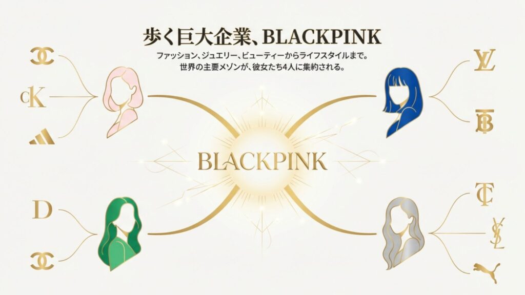 BLACKPINKが担当する世界的ブランド(CK, Dior, Bvlgari, Tiffany, Louis Vuitton)のイニシャルと「歩く巨大企業」というキャッチコピー