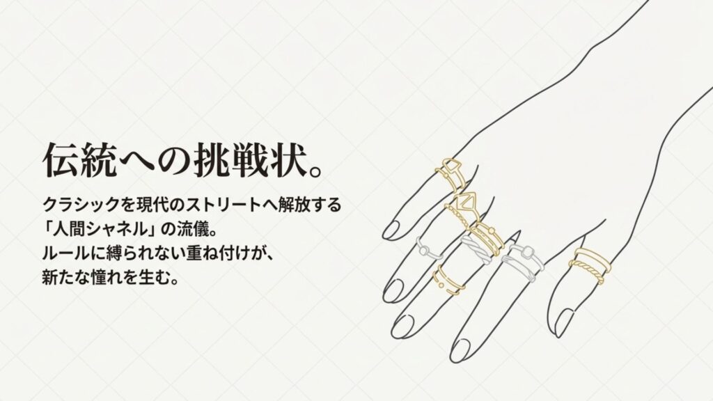 「人間シャネルの流儀」というテキストと、ルールに縛られない重ね付けを推奨するメッセージ