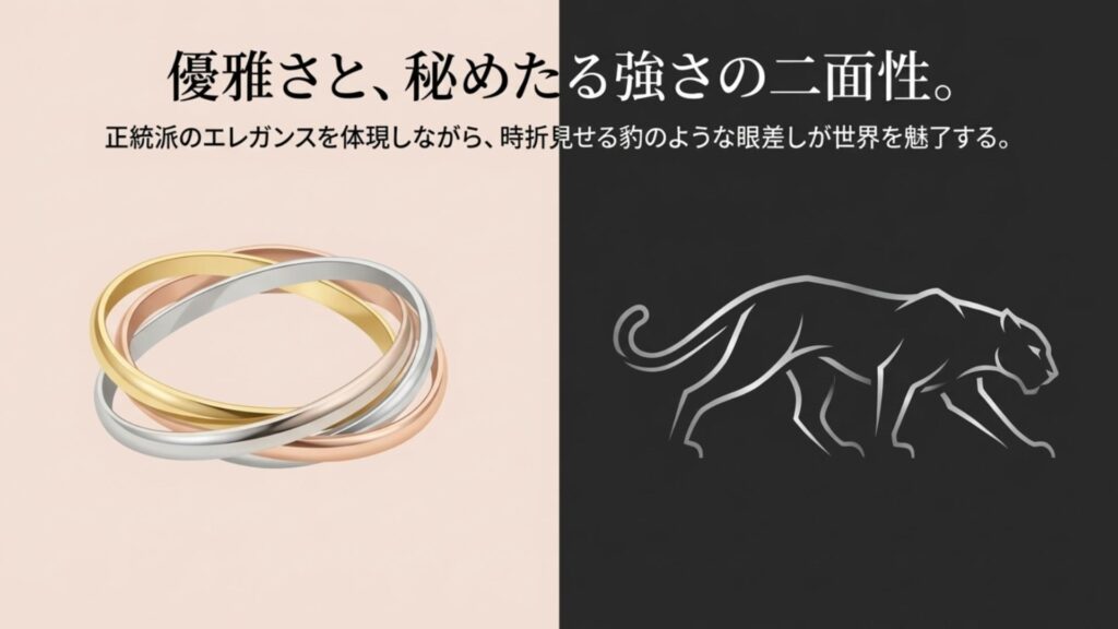 カルティエの3連トリニティリングのイラストと、パンテール(豹)のシルエットの図解